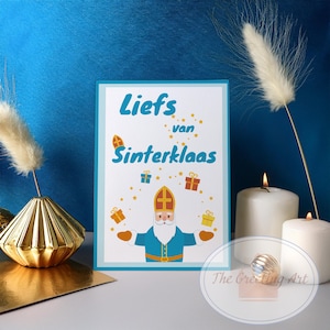 Tarjeta Liefs van Sinterklaas, diseño tradicional azul con Sinterklaas y regalos, tarjeta festiva imprimible en formato PDF y JPG con saludos festivos holandeses