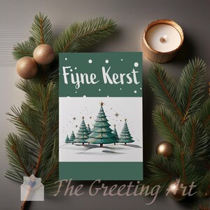 Tarjeta navideña holandesa de Fijne Kerst con árboles de arte lineal verde minimalista, descarga digital, tarjeta de felicitación navideña imprimible, 3 tamaños