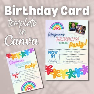 May include: A rainbow birthday party invitation template in Canva. The template features a rainbow with colorful flowers, a date, time, and location. The text "Stephanie's Rainbow birthday party!" is in neon pink and yellow.