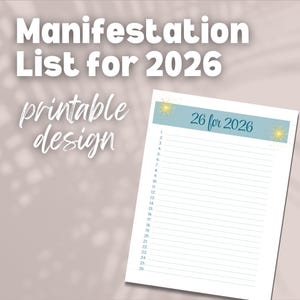 Printable "26 for 2026" goal list, manifestation, new year, visualization exercise, check list, vision board, Fillable PDF print out