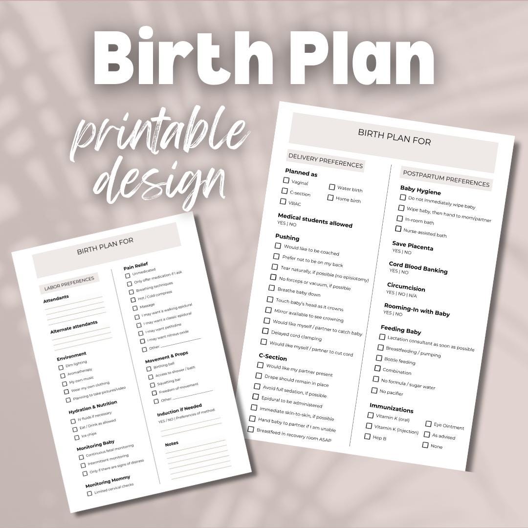Making Birth Plan Printable Birth Plan, Labor & Delivery Plan, Natural Birth, Hospital ...