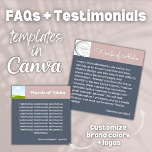 FAQ und Testimonials Vorlage für soziale Medien / Website, anpassbar, bearbeitbar, Möglichkeit zum Anpassen der Markenfarben und zum Hinzufügen des Logos