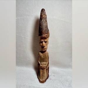Hand Carved Wooden Tribal Man Sculpture 10&quot;, Folk Art Statue, Forest Wizard Figure  + Large Headpiece