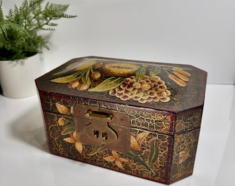 Vintage Ornate Wooden Storage Box + Front Latch Hinged Lid + Fruit and Floral Design