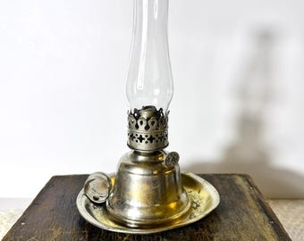 Antique Mini Edward Miller Oil Lamp with Chimney 6" • Primitive Kerosene Finger Lamp •