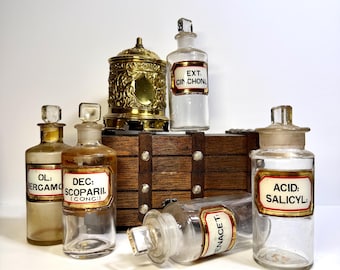 Antique Apothecary Lab Glass Reagent Bottles w/Lid II