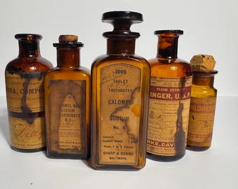 Apothecary Medicine Bottles with Labels, Antique Medicine Bottles, Old Apothecary Jars VI
