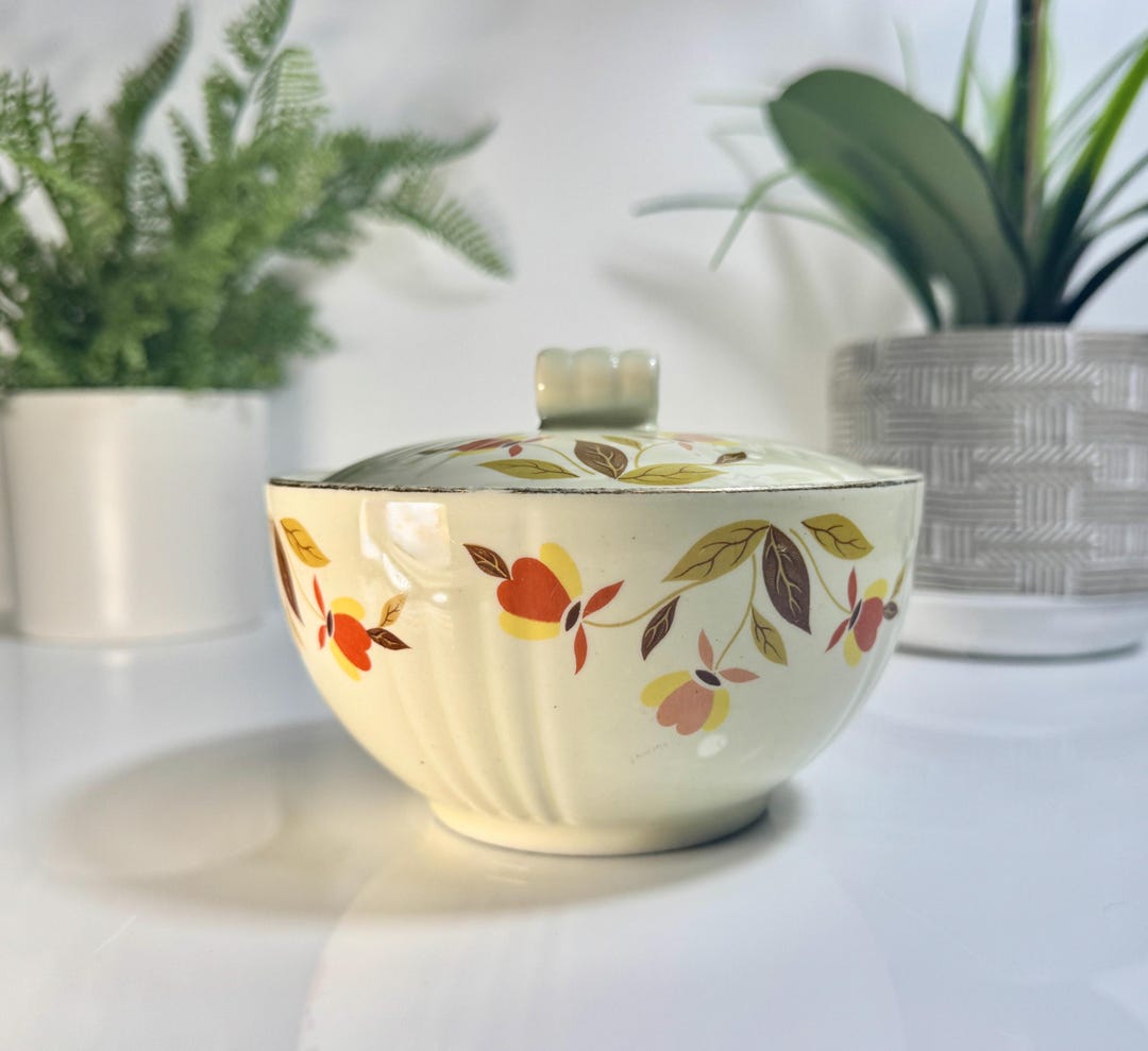 Retro Kitchen Sugar Bowl With Lid, Vintage Halls Jewel Tea Autumn Leaf ...