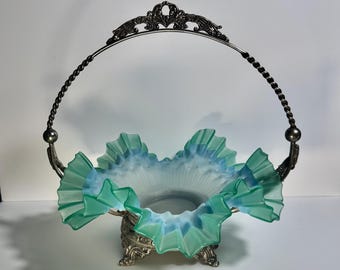 Uranium Blue Glass Bride’s Basket with Ornate Carrier, Rare Antique Uranium Glass