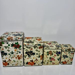 Vintage Floral Square Tin Canister Set of 4, Daher England Hinged Lid Tins, Retro Kitchen