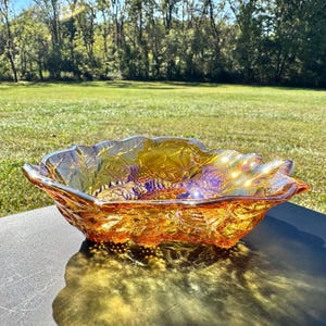 Vintage Marigold Blackberry Bowl | Indiana Amber Carnival Glass Triangular Dish | Autumn Serving Bowls