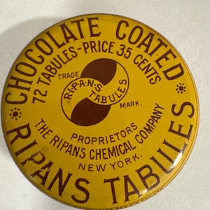 Antique Ripans Tabules Medicine Set, Chocolate Coated Tablets in Tin with Box & Insert, C. 1905 Apothecary Pharmacy Collectible