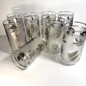 Mid Century Silver Leaves Highball Glasses Set of 8, Vintage Barware Frosted Glasses