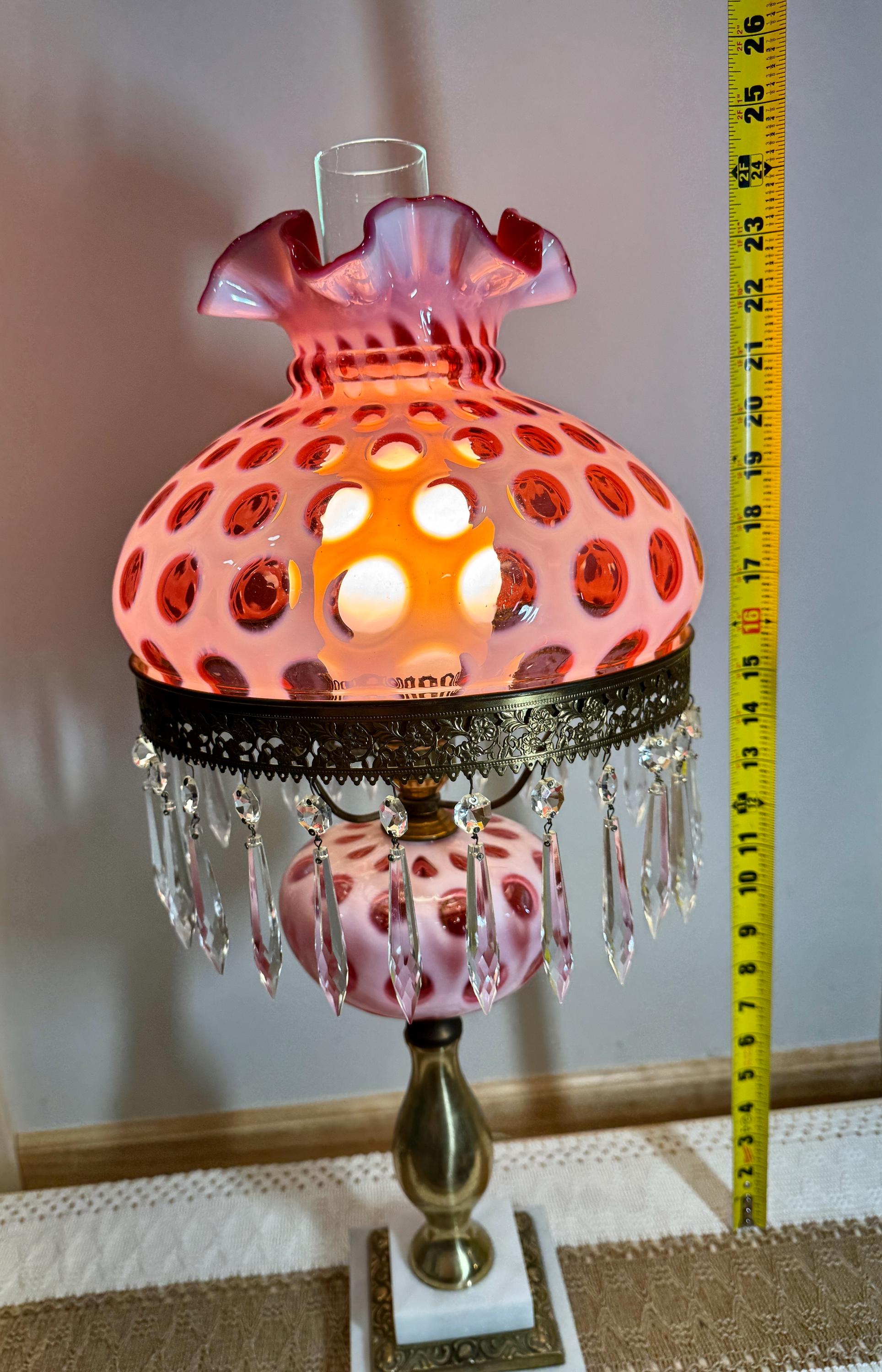 Vintage 1950s Fenton Cranberry Coin Dot Lamp 24” tall