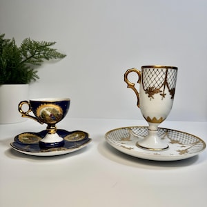 Vintage Limoges-Style Demitasse Cups and Saucers, Cobalt Blue + Gold Portrait Scene Set, Gold + White Tall Espresso Cup | Reproductions |