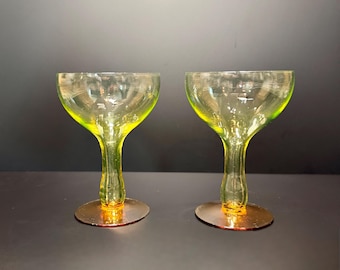 Very Rare 1920s Utility Glass Works Hollow Stem Vaseline + Amber Stem Champagne Coupes