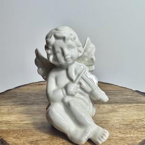Girl Cherub Playing the Violin Ceramic Figurine, Sitting Cherub Shelf Decor