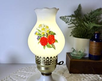 Vintage Milk Glass Hurricane Lamp with Floral Decal • Small Cozy Accent Lamp • Cottagecore •