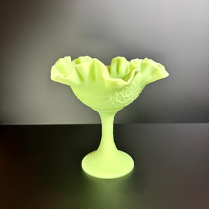 Fenton Uranium Lime Custard Glass Compote, Rose Medallion