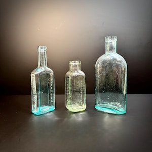 Antique Apothecary Medicine Bottles, Aqua Blue Cough Medicine Bottle, Fletchers Castoria, Hires Household Extract