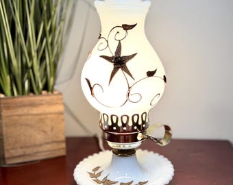 Vintage Milk Glass Hurricane Lamp with Gold Enamel Decal • Small Cozy Accent Lamp • Cottagecore •