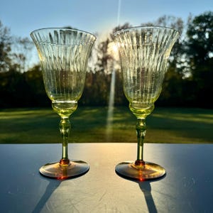 Rare 1920s Utility Glass Works Vaseline + Amber Base Bi-Color Wine Glasses • UGWS-04
