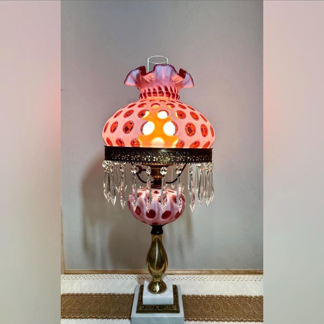 Vintage Fenton Cranberry Coin Dot Lamp, Crystal Prisms, Marble