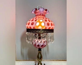 Vintage Fenton Cranberry Coin Dot Table Lamp + Prisms • Pink
