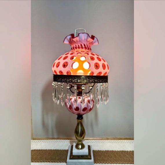 Vintage Fenton Cranberry Coin Dot Table Lamp + Prisms • Pink