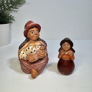 Peruvian Clay Folk Art Handmade Woman Holding Baby + Child Figurines, Peru Cultural Artifacts