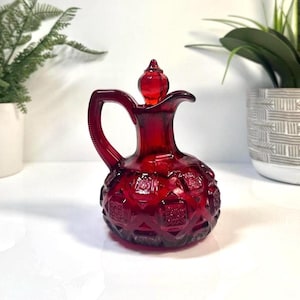 Fenton Ruby Red Checkerboard Glass Cruet • Jewel Tone Home Accents