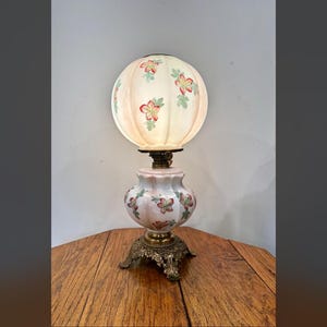 Antique Gone With The Wind Floral Table Lamp, Victorian Hurricane Shade with Hand Painted Pink and Green Flowers, Converted Kerosene Lamp