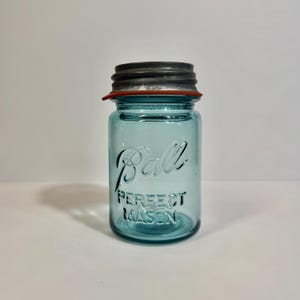 1920s Aqua Ball Perfect Mason Jar #5 Pint + Zinc Lid + Rubber Sealing Ring