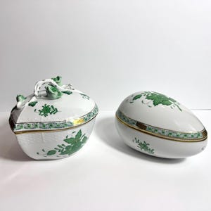 Herend Porcelain Apponyi Green Lidded Jars, Chinese Bouquet Green Heart Shape Jar with 3D Roses, Egg Shape Dish With Lid, Hungary