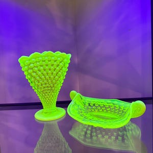 Fenton Vaseline Hobnail Fan Vase + Dish, Opalescent Topaz Uranium Glass