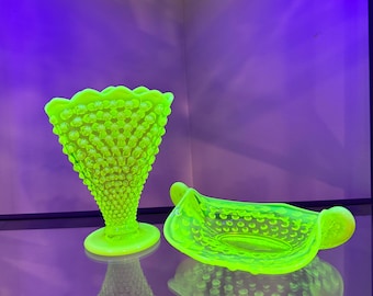 Fenton Vaseline Hobnail Fan Vase + Dish, Opalescent Topaz Uranium Glass