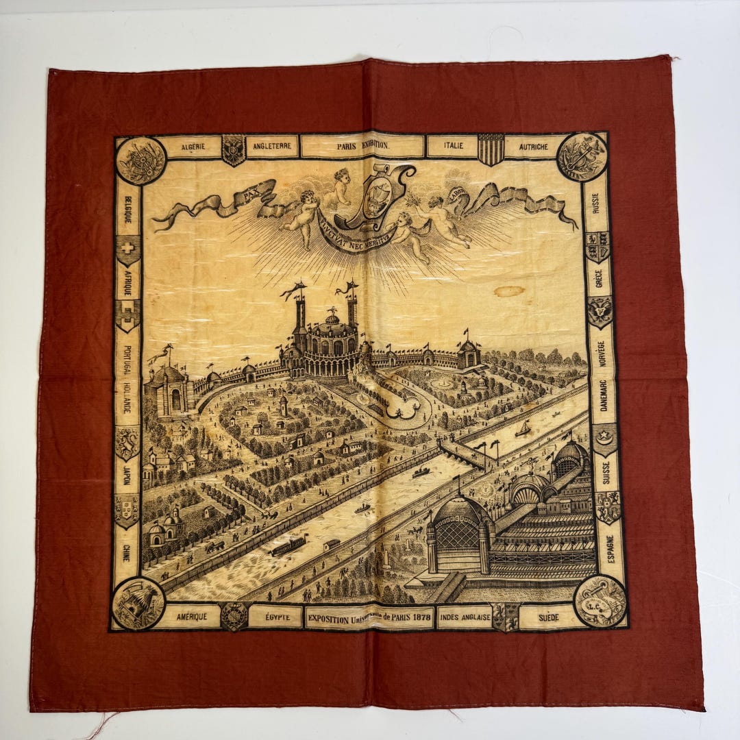 Rare 1878 Paris World's Fair Silk Souvenir Scarf • Palais Du