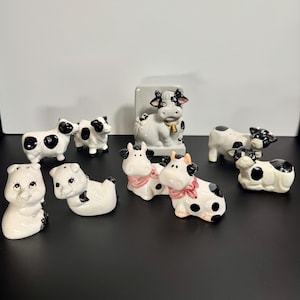 Vintage Cow Salt + Pepper Shakers and Napkin Holder, Dairy Cow Country Kitchen Decor