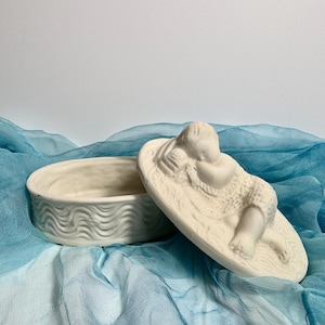 Porcelain Cherub Trinket Box with Lid, Parian Ware Bisque Cherub Dish, Antique Jewelry Box