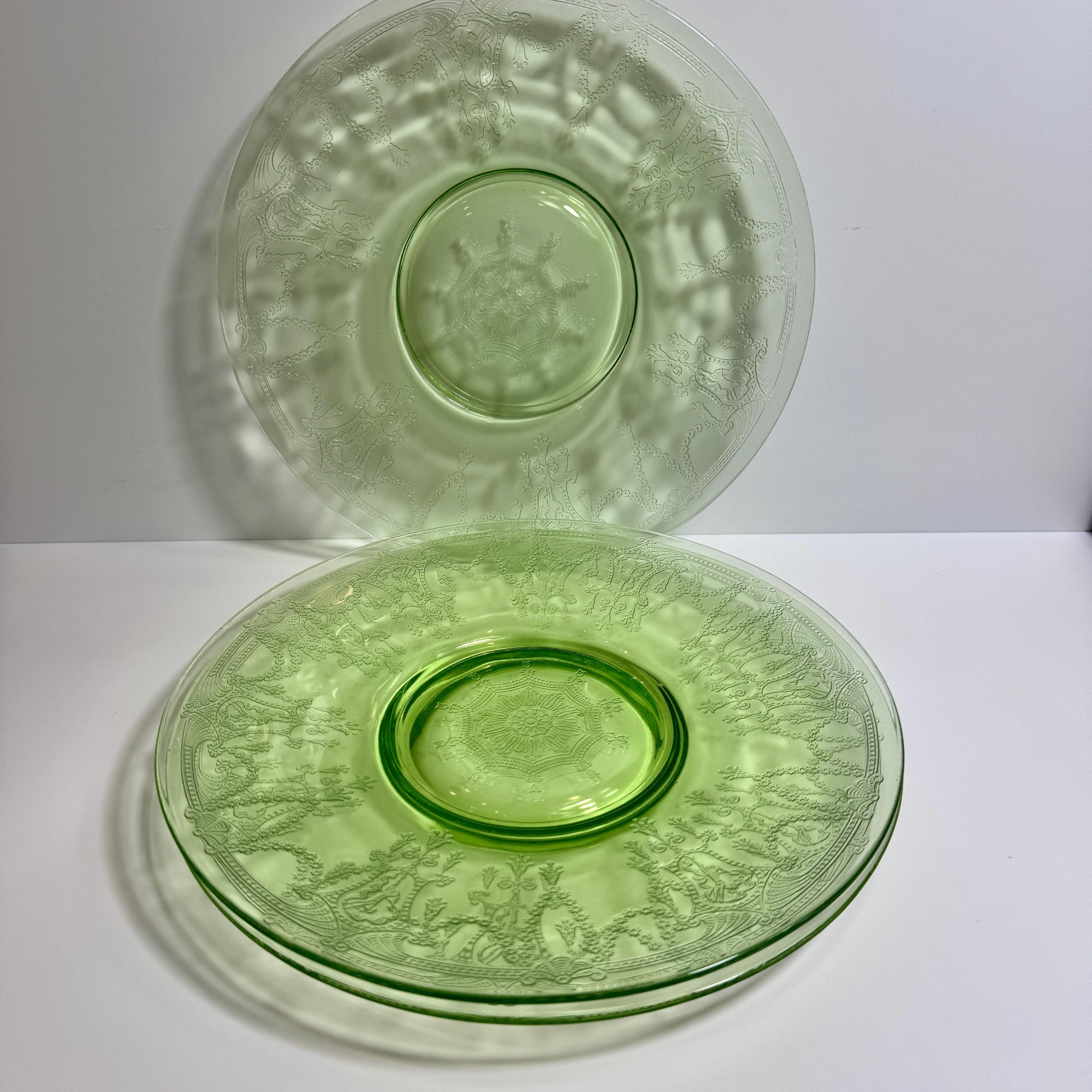 3 Uranium Cameo Dancing Lady Dinner Plates, Green Depression Glass Large Plates 10", Glows