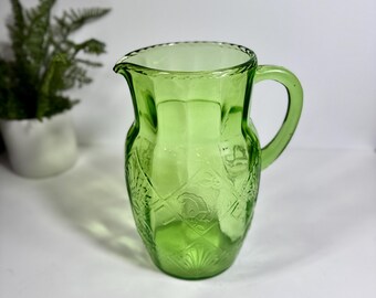 Large Uranium Pitcher Art Deco Design, Green Depression Glass, Retro Kitchen decor