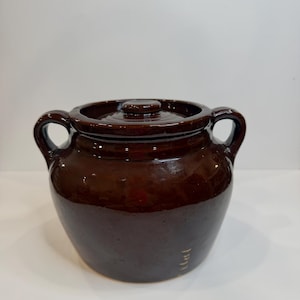 May include: A dark brown glazed ceramic pot with a rounded body, two side handles, and a matching lid. The surface has a glossy finish with a visible small light-colored mark near the base. The pot features a wide opening and a short neck.