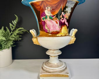 19th Century French Empire Neoclassical Urn, Antique Old Paris Royalty Scene Porcelain Urn, Louis Philippe + Charles X Era