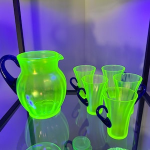 Fenton Topaz Vaseline Stretch Glass Pitcher Set with 5 Matching Glasses, Rare Hard to Find Uranium Glass