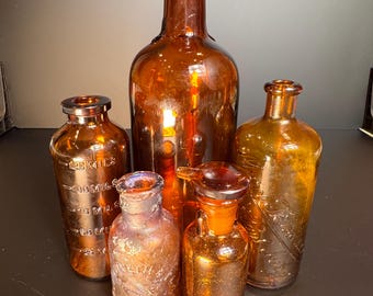 Antique Apothecary Amber Bottles from late 19th to Early 20th Century