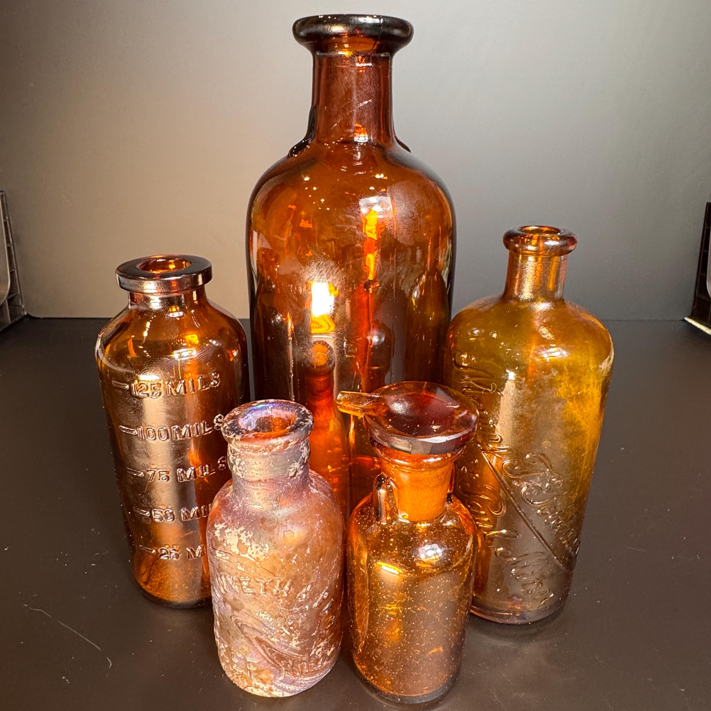 Antique Apothecary Amber Bottles from late 19th to Early 20th Century