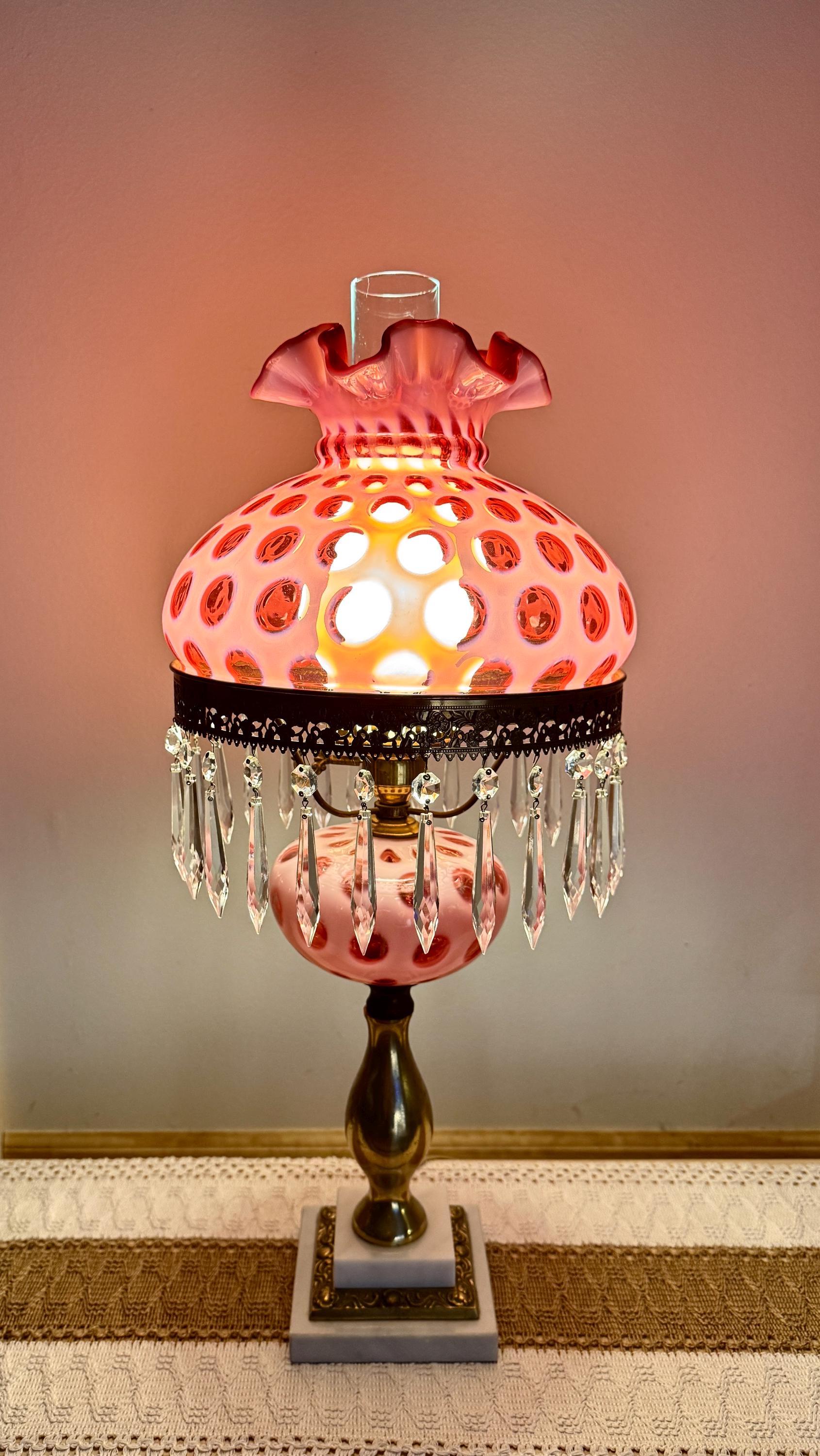 Vintage 1950s Fenton Cranberry Coin Dot Lamp 24” tall