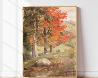 Vintage Autumn Trees Painting: 1865 Hand-Painted Fall Landscape Art (Digital Download)