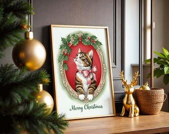 Christmas Cat Print: Vintage Tabby Cat with Holly (Printable Wall Art, Digital Download)
