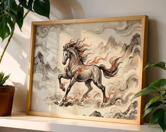 Puede incluir: Una impresión artística enmarcada que presenta un majestuoso caballo. La obra de arte representa al caballo con una melena fluida y detalles de fuego, sobre un fondo de montañas y nubes. La paleta de colores incluye tonos grises, negros y naranjas.